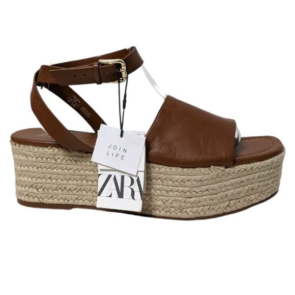 NWT ZARA Leather Ankle Wrap Platform Espadrilles 40 - Picture 1 of 10